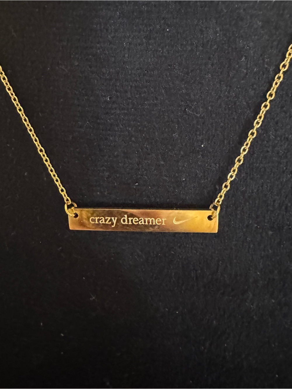 Nike Gold 'crazy dreamer' Engraved Bar Necklace